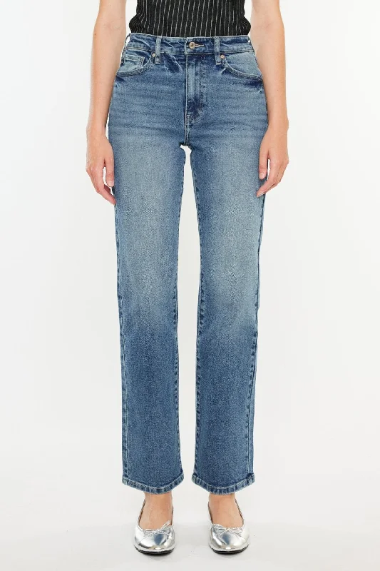Medium Wash High Rise Relaxed Straight Leg Jeans Business