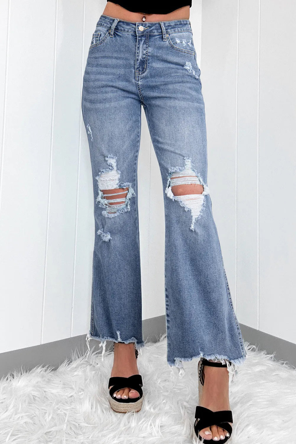 Distressed Raw Hem Bootcut Jeans Sophisticated Women's Tailored