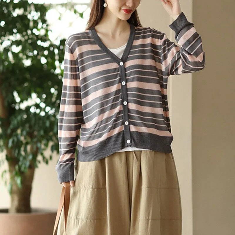 Women Casual Thin Linen Knitted Stripe V-Neck Cardigan Modern Women's 