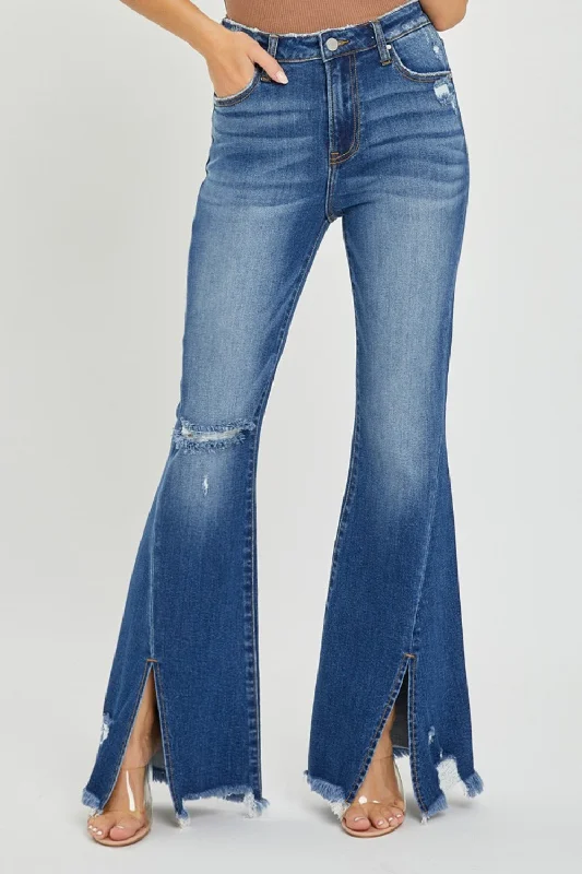 RISEN Full Size High Rise Front Slit Frayed Hem Flare Jeans Hip Women's Urban