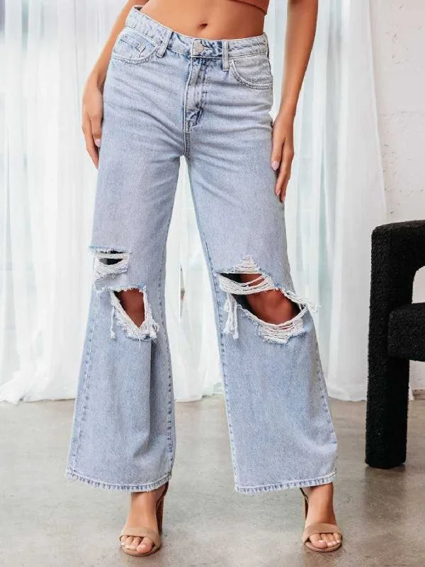Distressed Wide Leg Jeans with Pockets Rugged Women's Outdoor 
