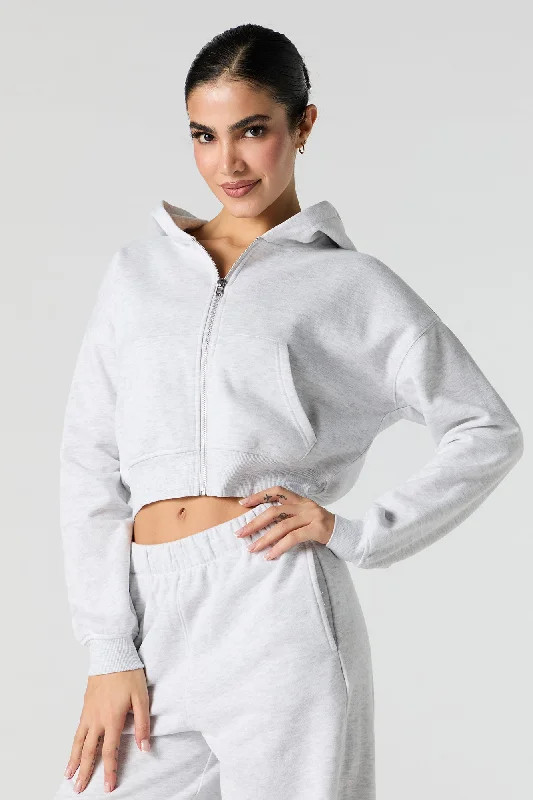 Solid Fleece Cropped Zip-Up Hoodie Country