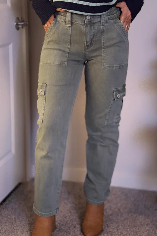 Army Green Cargo Straight Leg Jeans Sporty Women's Athleisure 
