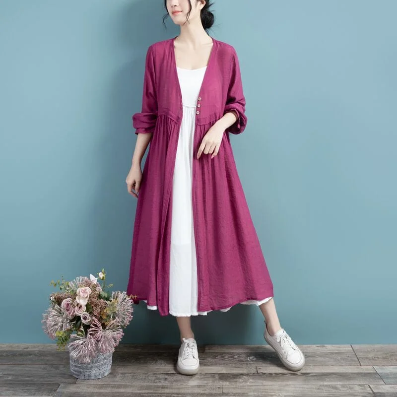 Women Spring Retro Casual Thin Cotton Linen Cardigan Hip Women's Retro