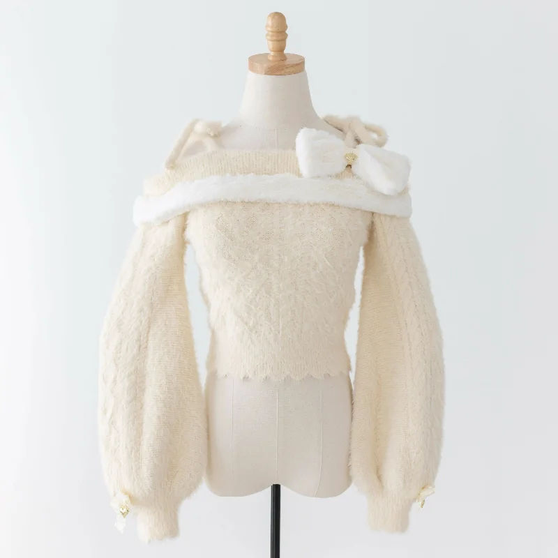 Lilia & Lace Bunny Ear Knit Sweater with Engraved Heart Charms (Cream) Traditional Women's Wool
