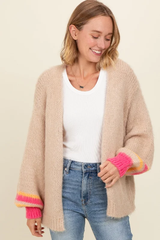 Beige Brushed Knit Striped Sleeve Cardigan Feminine Women's Soft 