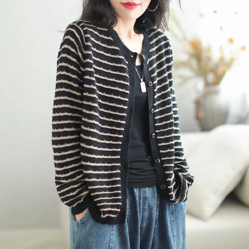 Autumn Stylish Stripe Cotton Knitted Cardigan Refined Women's Velvet