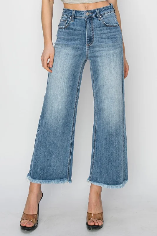 RISEN Raw Hem Cropped Wide Leg Jeans Bold Women's Animal Print