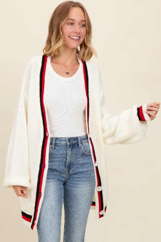 Ivory Contrast Border Open Cardigan British Gentlewoman Style