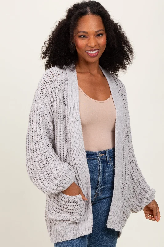 Heather Grey Chunky Knit Oversized Pocket Cardigan Unique Women's Upcycled