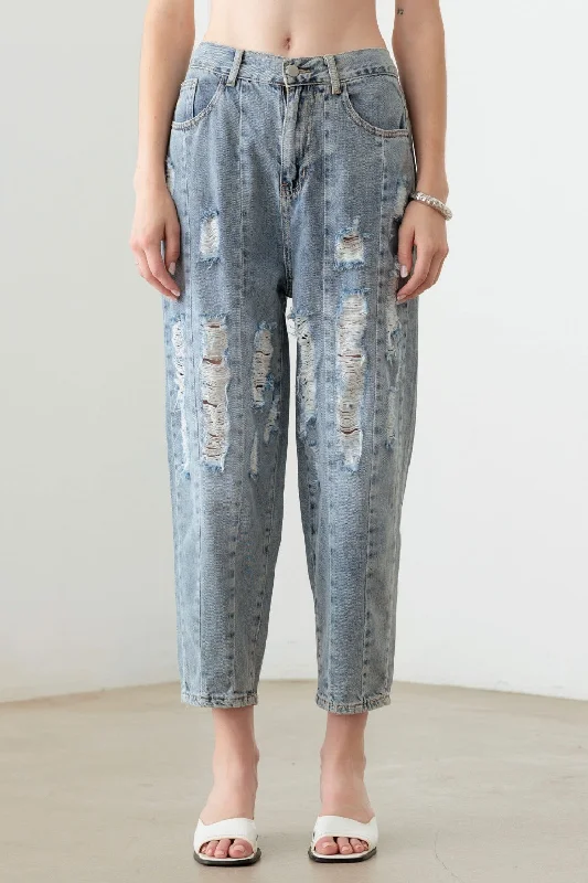 Litz La Washed Barrel Leg High Waist Distressed Jeans Contemporary 
