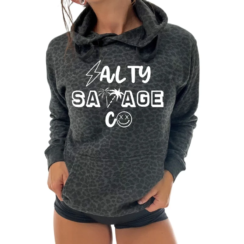 Salty Savage Unisex “90’s Logo” Classic Hoodie | Black Leopard/White Sophisticated Women's Tailored