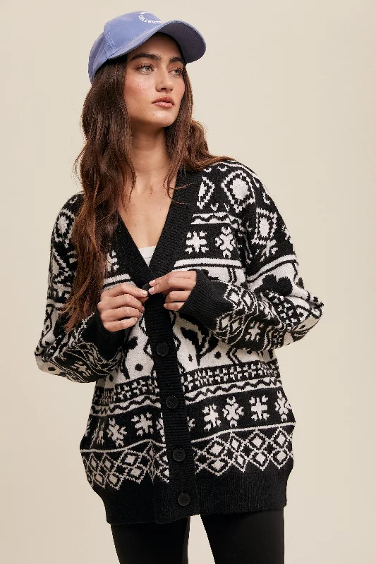 Black Printed Button Up Cardigan Tough Women's Military - inspired