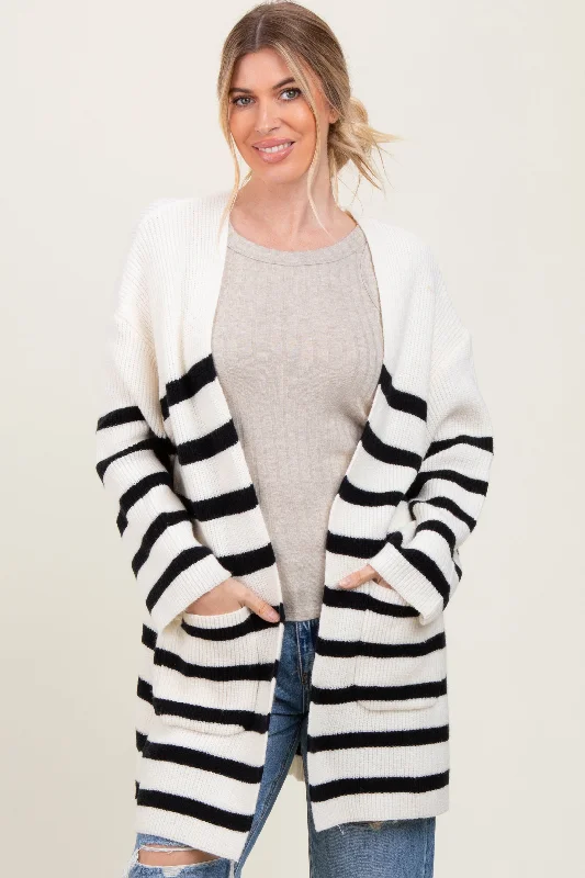 Ivory Black Knit Striped Long Cardigan Practical Women's Quick - dry