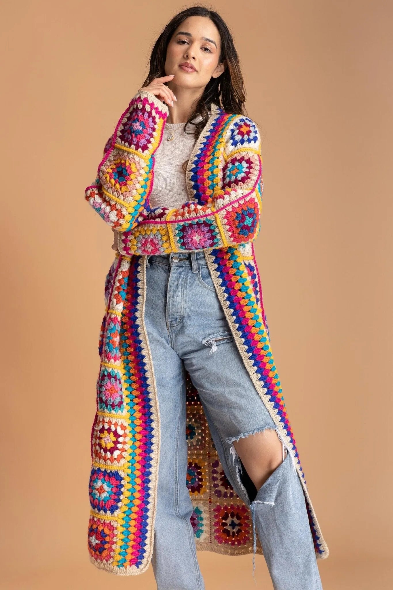 Crochet Multicolored Square Kimono Traditional Women's Wool