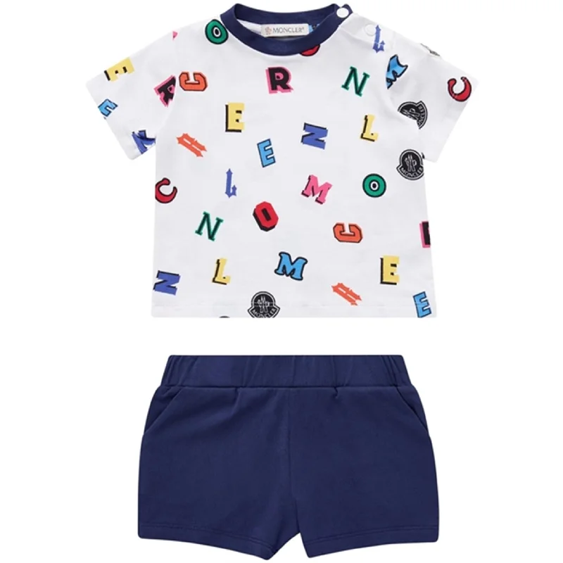 Moncler T-Shirt og Shorts Sæt White & Blue Casual Women's Loose - fitting
