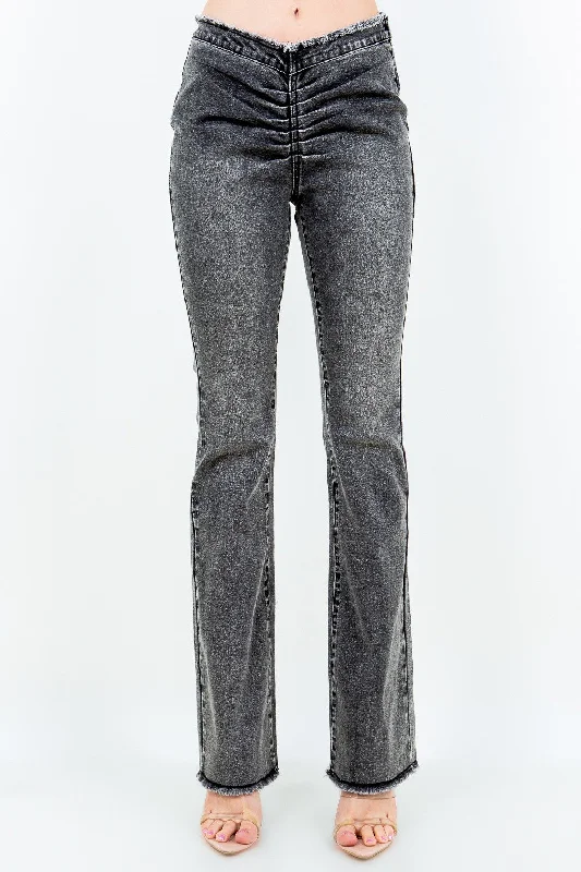 American Bazi V-Cut Ruched Flare Pants Cool Women's Distressed