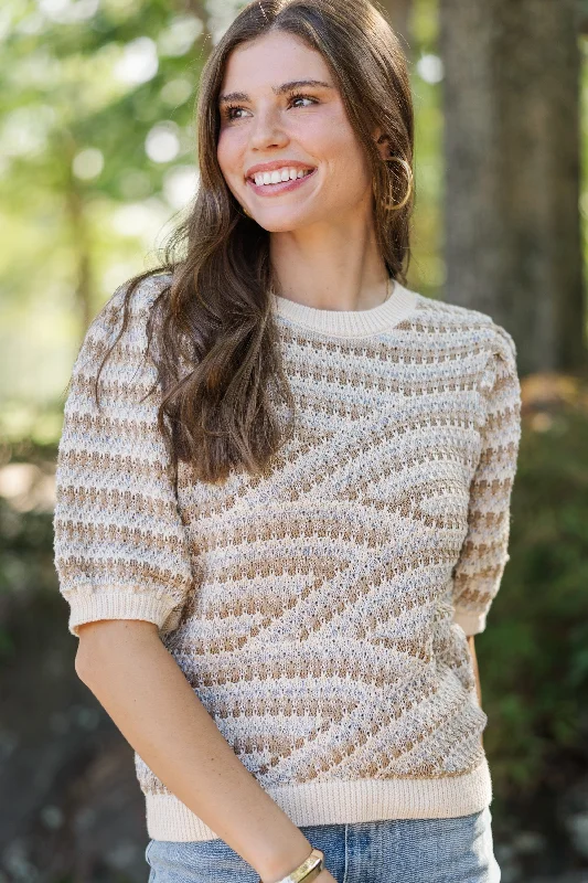 Go After It Cream White Short Sleeve Sweater Dapper Women's Bow - adorned