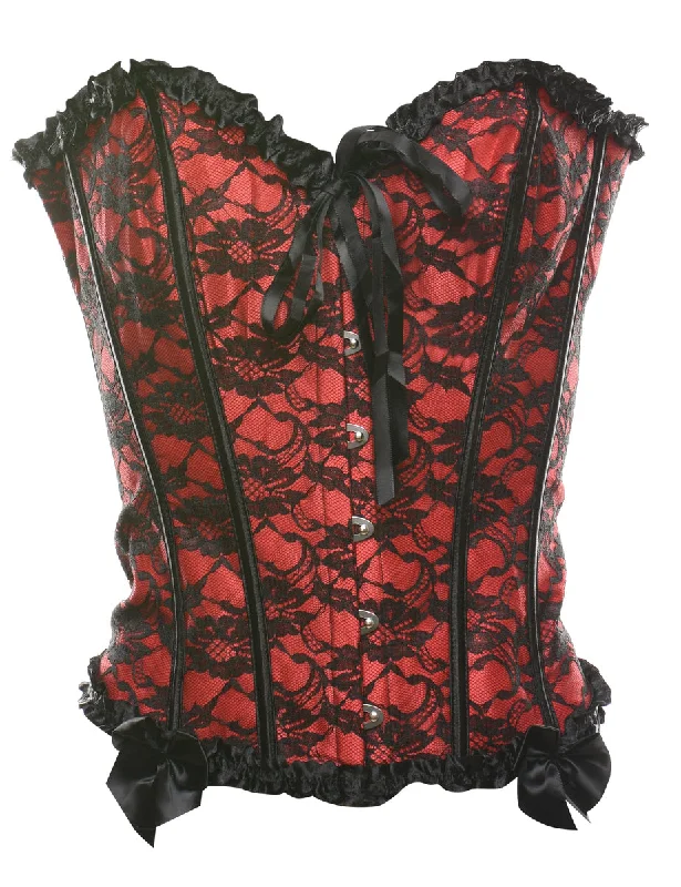 Black & Red 1990s Lace Boned Corset - M Classic Women's Pin - striped