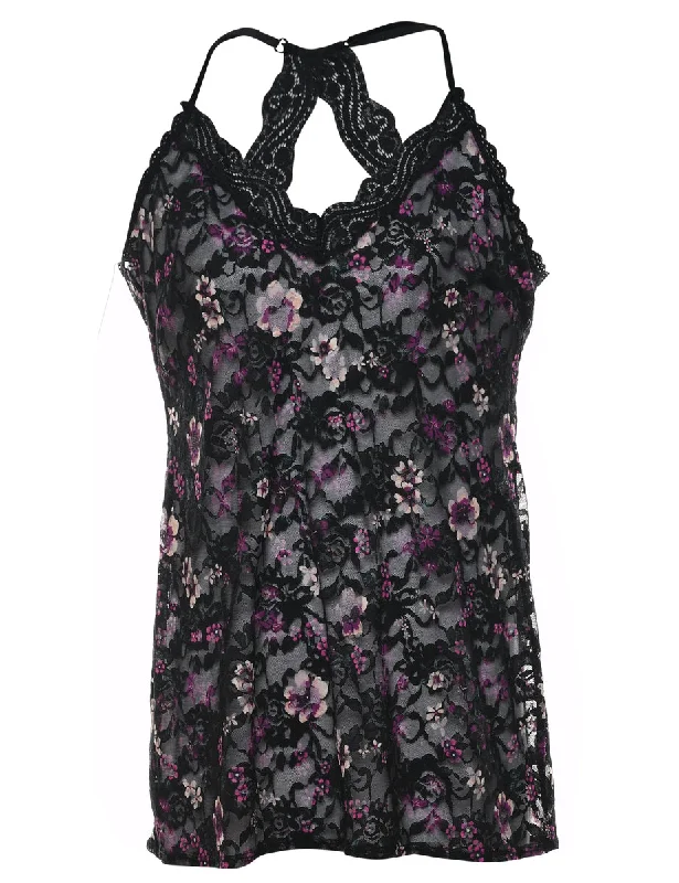 Black & Purple Floral Lace Racer-Back Babydoll - M Contemporary 