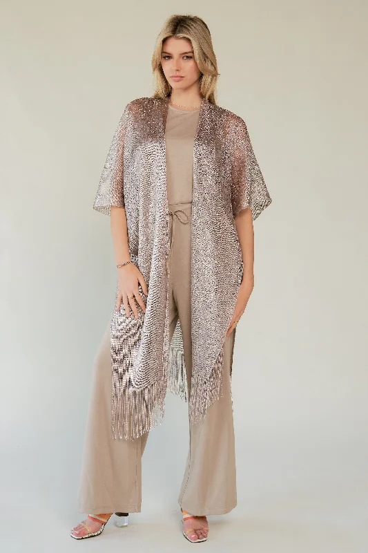 GLITTER TASSEL MESH SLEEVE LOOSE FIT KIMONO COVER UP PINK Preppy Women's College