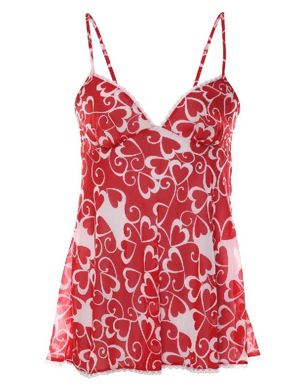 Red & White Heart Design Lace Trim Babydoll - S Refined Women's Classic 