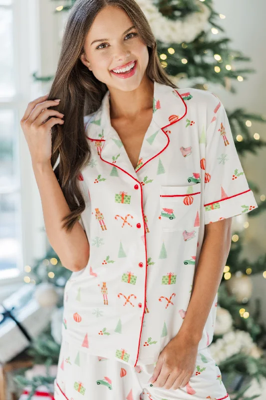 Dream Big White Holiday Print S/S Bamboo Pajama Set Traditional Women's Wool