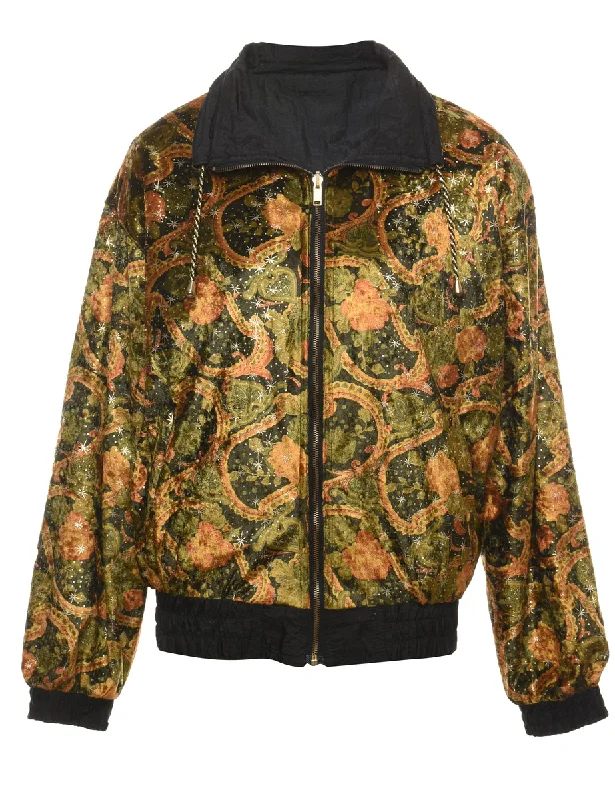 Floral & Paisley Pattern Orange & Green Nylon Jacket - L Trendy Women's 