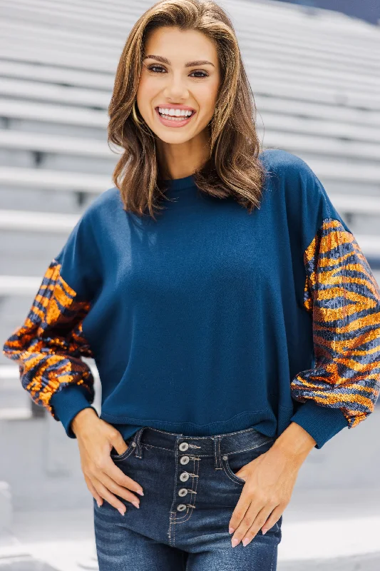 First In Line Navy Blue Tiger Sequin Blouse Practical Women's Quick - dry