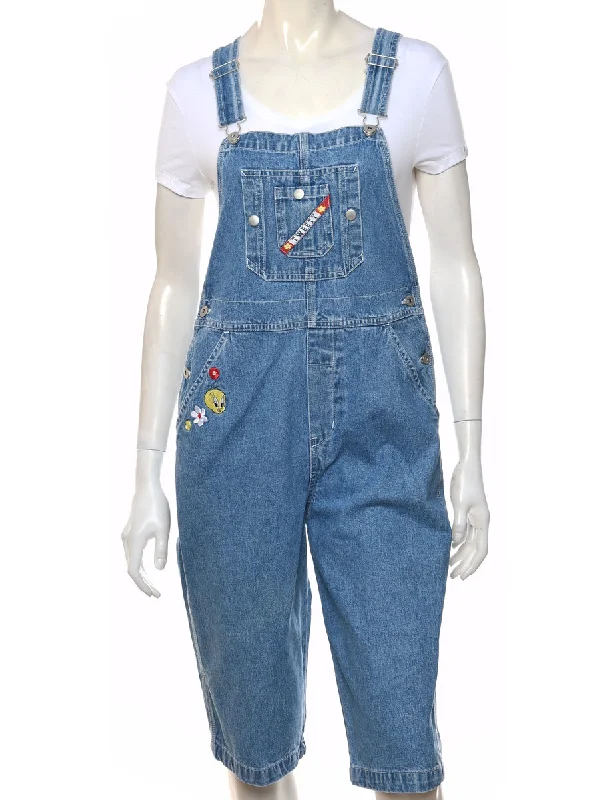 Cropped 1990s Embroidered Tweety Design Dungarees  - W34 L15 Dynamic Women's Moto