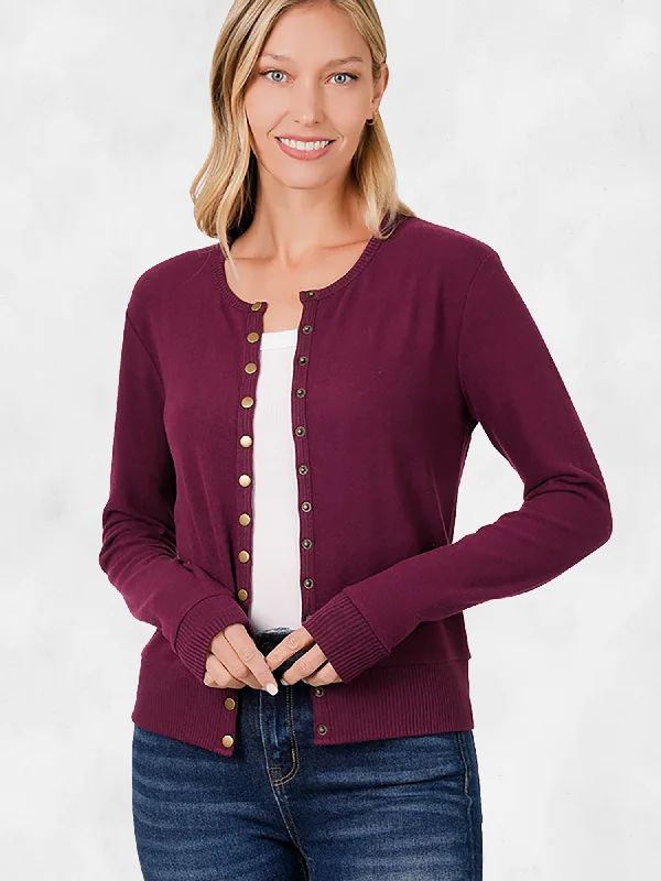 Zenana Dark Crew Neck Snap Button Cardigan Dynamic Women's High - energy