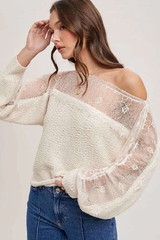 BOAT NECK LACE TRIMMED KNIT SWEATER PULLOVER: Beige / M/L Stylish Women's Neon