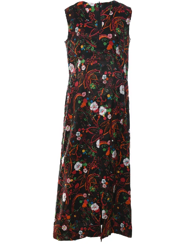 1970s Floral Print Sleeveless Multi-Colour Maxi Dress - L Laid - back Women's Vibe