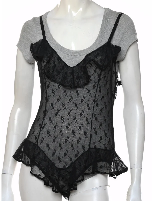 Black Sheer Lace Bodysuit - M Bohemian Women's Free