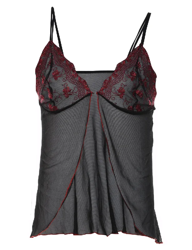 Black & Red Sheer Lace Embroidered Babydoll - S Sophisticated Women's 
