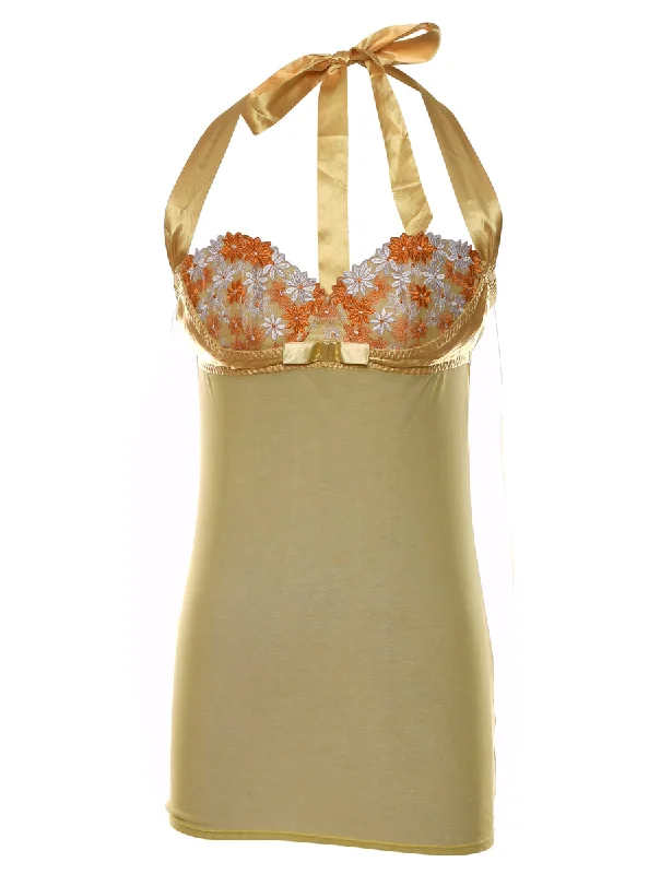 Gold & Orange Halterneck Embroidered Babydoll - XS Trendy Women's 
