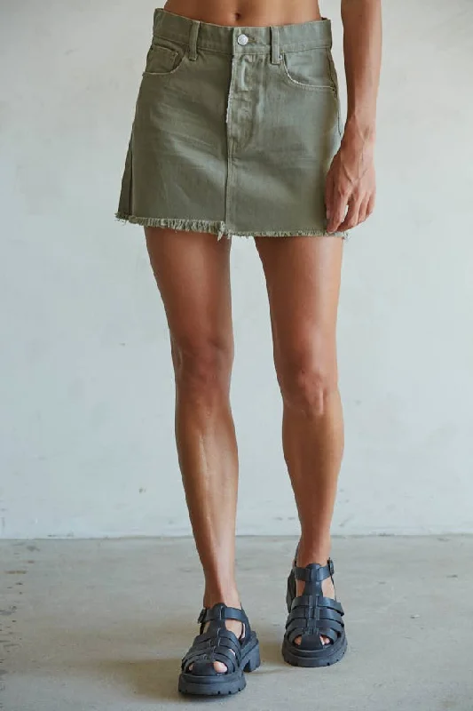 BD303 | Woven Cotton Denim Fray Detail Mini Skirt: Olive Denim British Gentlewoman Style