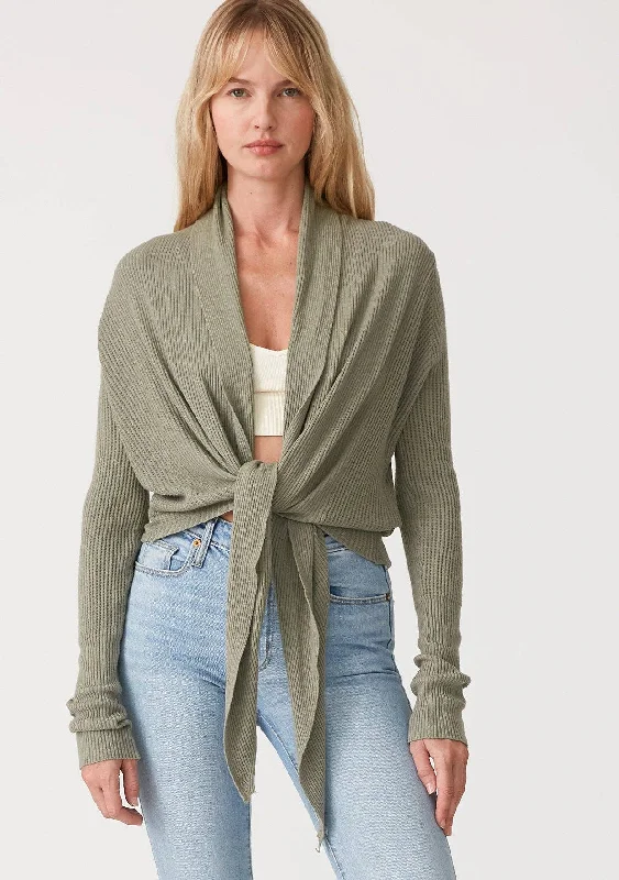 Waffle Knit Long Sleeve Tie Front Cardigan: Olive Bohemian Women's Free