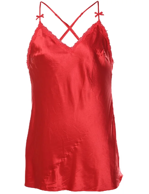 Criss-Cross Back Red Lace Trim Silky Camisole Top - M performance