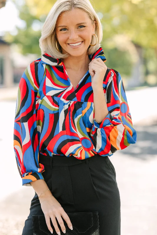 Go For Love Red & Black Retro Abstract Blouse Scandinavian