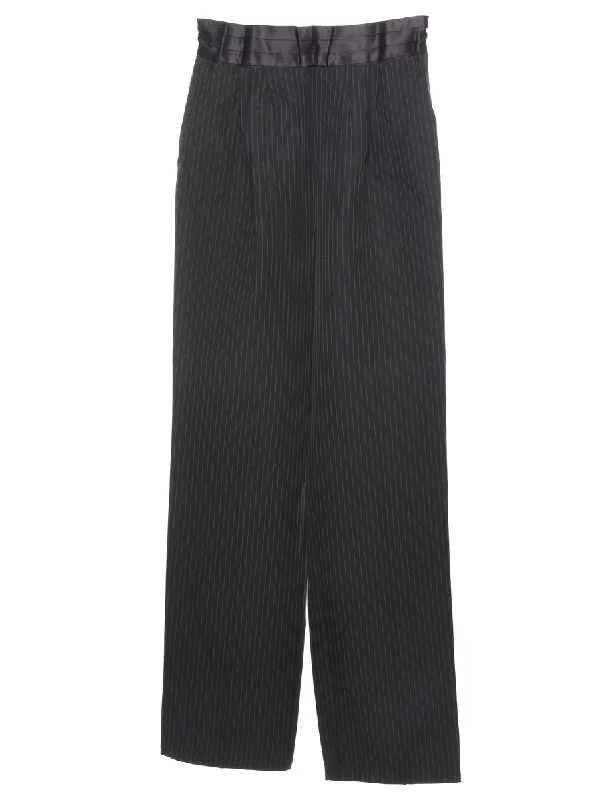 Black Pinstriped Trousers - W26 L33 Traditional Women's 