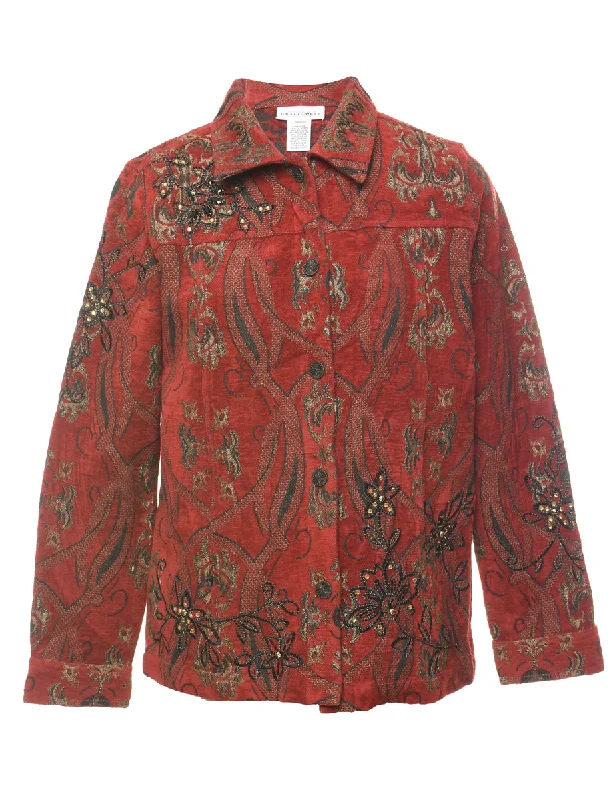 Red & Dark Green Abstract Pattern Tapestry Jacket  - M Refined Women's Velvet