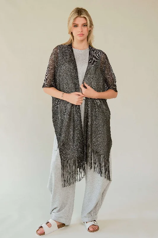GLITTER TASSEL MESH SLEEVE LOOSE FIT KIMONO COVER UP BLACK Casual Women's Japanese 