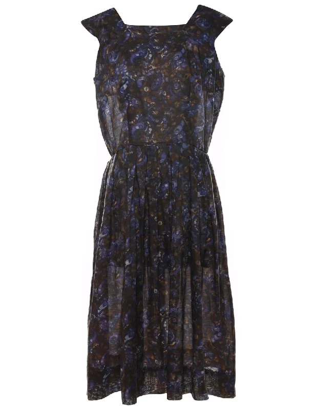 Floral Print Navy & Brown Pleated Vintage Dress - M Stylish Women's Neon