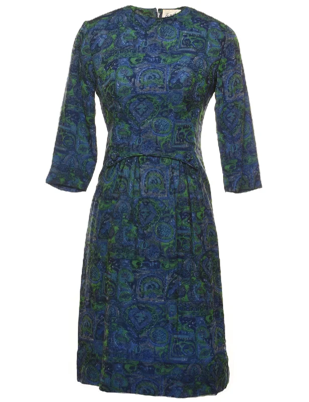 Blue & Green 1960s Midi Dress - S Casual Women's Japanese 