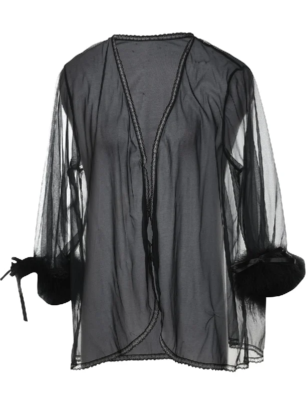 Black Sheer Faux Fur Trim Dressing Gown - L Vintage Women's 1970S 