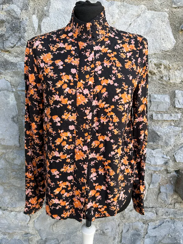 Orange flowers black blouse uk 8 Artistic Women's Hand - painted