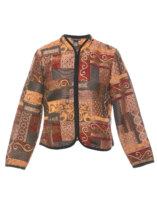 Floral Pattern Multi-Colour Metallic Tapestry Jacket - S Relaxed Women's Beachy