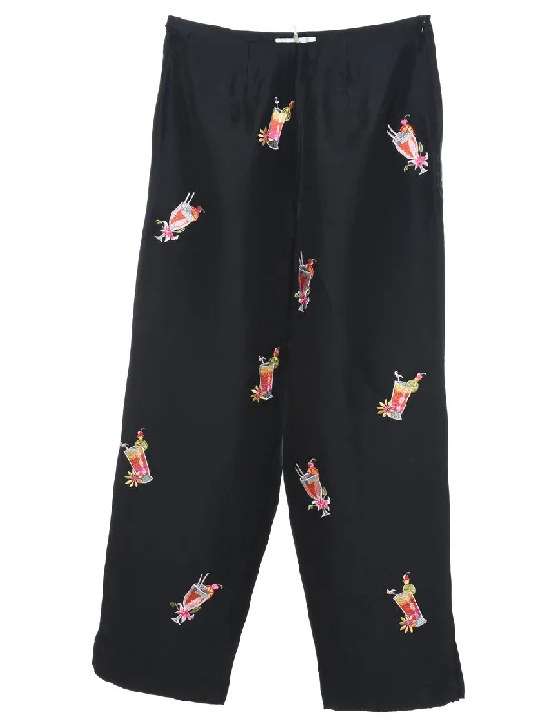 Novelty Print Embroidered Silk Trousers - W28 L27 Earthy Women's Hemp - based