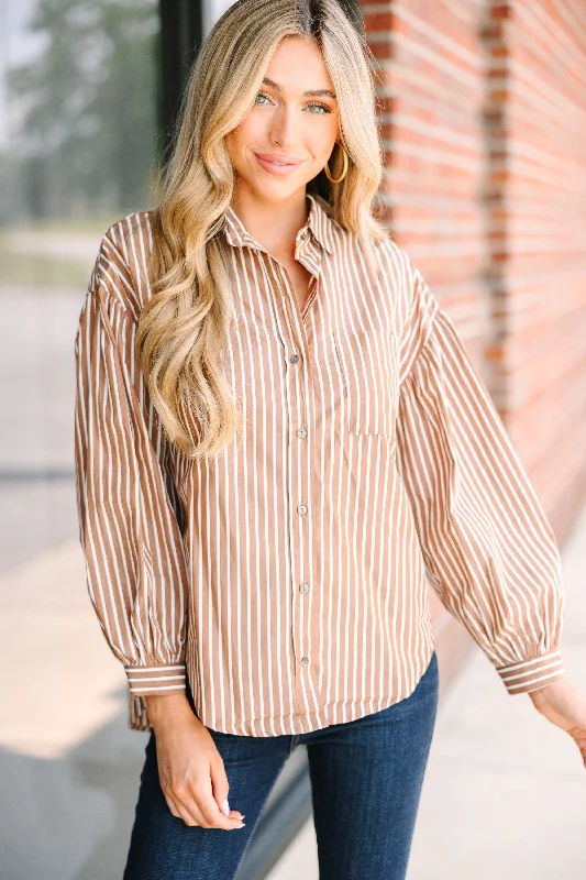 Olivaceous: Everything You Need Brown Striped Button Down Top Scandinavian
